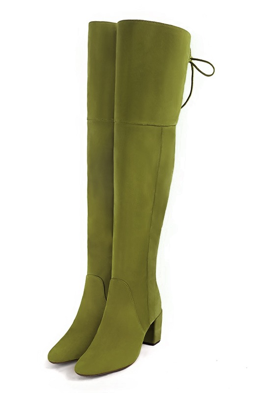 Pistachio green women's leather thigh-high boots. Round toe. Medium block heels. Made to measure. Front view - Florence KOOIJMAN